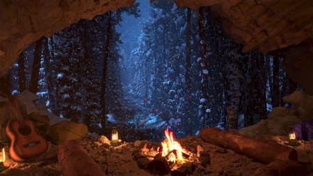 Релакс в уютной зимней пещере, возле костра под треск дровишек и завывание ветра!